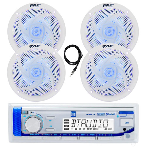Dual Electronics MXD13 Marine MP3/AUX/USB Bluetooth AM/FM Radio Digital Media Receiver, 4x 5.25" 180 Watt Max 2-Way Low Profile Blue Flashing LED Waterproof Boat Audio Speakers (White), 22" Antenna
