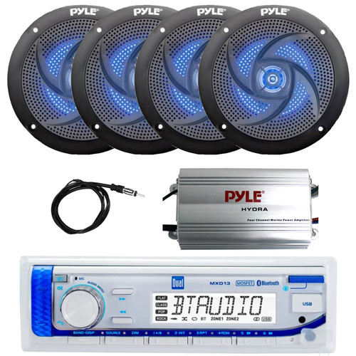 Dual Electronics MXD13 Marine MP3/USB Bluetooth AM/FM Radio Digital Media Receiver, 4-Channel Amplifier, 4x 5.25" 180 Watt Max 2-Way Low Profile Blue Flashing LED Boat Speakers (Black), 22" Antenna