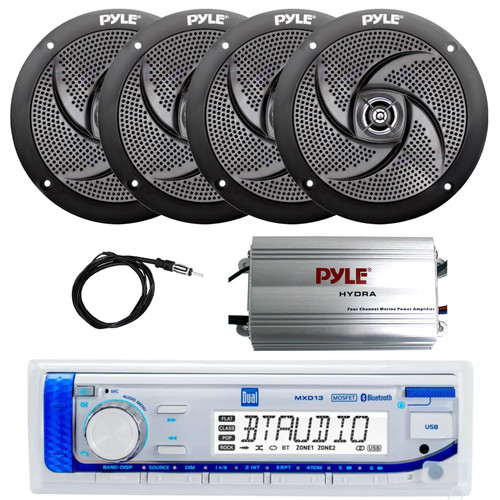 Dual Electronics MXD13 Marine MP3/USB Bluetooth AM/FM Radio Digital Media Receiver, 4-Channel Amplifier, 4x 5.25" 180 Watt Max 2-Way Low Profile Waterproof Boat Audio Speakers (Black), 22" Antenna