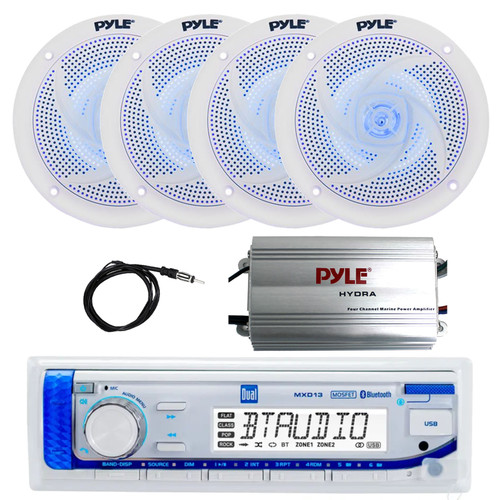 Dual Electronics MXD13 Marine MP3/USB Bluetooth AM/FM Radio Digital Media Receiver, 4-Channel Amplifier, 4x 5.25" 180 Watt Max 2-Way Low Profile Blue Flashing LED Boat Speakers (White), 22" Antenna