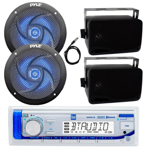 Dual Electronics MXD13 Marine Bluetooth AM/FM Radio Receiver with 2x 4" 100 Watt Low Profile 2-Way Blue Flashing LED Speakers, 2x 3.5'' 200 Watt 3-Way Weatherproof Box Speakers (Black), 22" Antenna