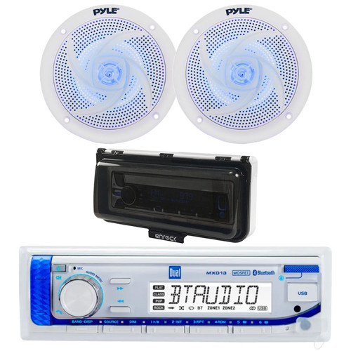 Dual Electronics MXD13 Marine MP3/AUX/USB Bluetooth AM/FM Radio Digital Media Receiver, 2x 4" 100 Watt Max Low Profile 2-Way Waterproof Blue Flashing LED Boat Audio Speakers, Stereo Cover (White)