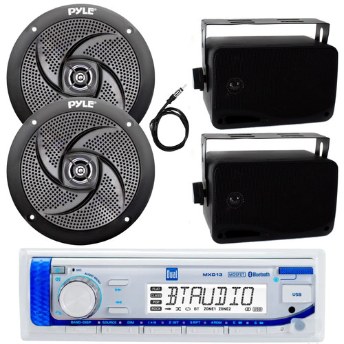 Dual Electronics MXD13 Marine Bluetooth AM/FM Radio Receiver, 2x 4" 100 Watt Low Profile 2-Way Waterproof Boat Speakers, 2x 3.5'' 200 Watt 3-Way Weatherproof Box Speakers (Black), 22" Antenna