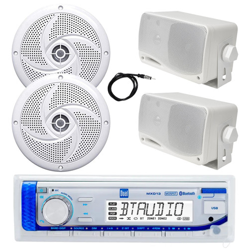 Dual Electronics MXD13 Marine Bluetooth AM/FM Radio Receiver, 2x 4" 100 Watt Low Profile 2-Way Waterproof Boat Speakers, 2x 3.5'' 200 Watt 3-Way Weatherproof Box Speakers (White), 22" Antenna