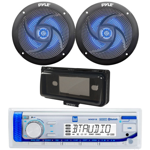 Dual Electronics MXD13 Marine MP3/AUX/USB Bluetooth AM/FM Radio Digital Media Receiver, 2x 5.25" 180 Watt Max 2-Way Waterproof Low Profile Blue Flashing LED Boat Audio Speakers, Stereo Cover (Black)