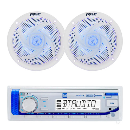 Dual Electronics MXD13 Marine MP3/AUX/USB Bluetooth AM/FM Radio Digital Media Receiver, 2x 5.25" 180 Watt Max Power 2-Way Waterproof Low Profile Blue Flashing LED Boat Audio Speakers (White)