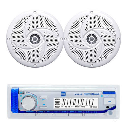 Dual Electronics MXD13 Marine MP3/AUX/USB Bluetooth AM/FM Radio Digital Media Receiver, 2x 5.25" 180 Watt Max Power 2-Way Low Profile Waterproof Boat Audio Speakers (White)