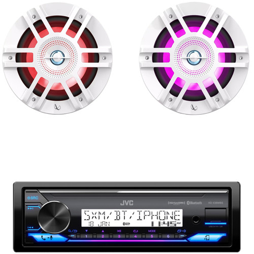 JVC KD-X38MBS Single-DIN Marine Bluetooth USB/AUX LED AM/FM Radio Stereo SiriusXM Ready Receiver Bundle Combo One Pair (QTY 2) Of 6.5" 300 Watts Max Power 2-Way Coaxial RGB LED White Boat Speakers