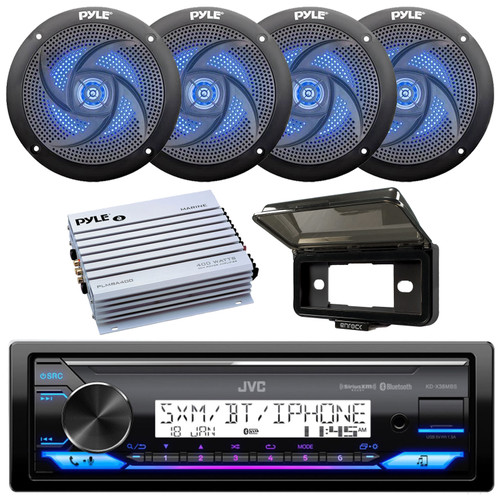 JVC KD-X38MBS Single DIN Marine MotorSports Bluetooth USB/AUX LED AM/FM SiriusXM Ready Stereo Receiver w/Black Cover, 4x 5.25" 180W Max 2-Way Slim Style Blue LED Black Speakers, 4 Channel Amplifier