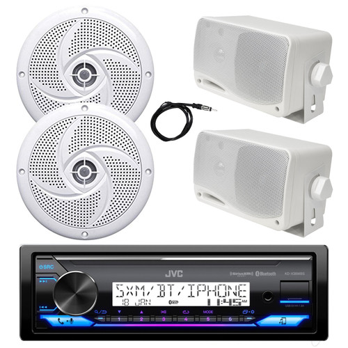 JVC KD-X38MBS Single DIN USB Bluetooth Marine AM/FM Stereo Receiver, 2x 4" 100 Watt Low Profile 2-Way Waterproof Boat Speakers, 2x 3.5'' 200 Watt 3-Way Weatherproof Box Speakers (White), 22" Antenna