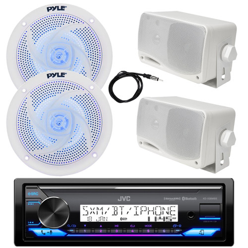 JVC KD-X38MBS Single DIN USB Bluetooth Marine AM/FM Stereo Receiver, 2x 5.25" 180 Watt Max 2-Way Low Profile Blue Flashing LED Boat Speakers, 2x 3.5'' 200 Watt 3-Way Box Speakers (White), 22" Antenna