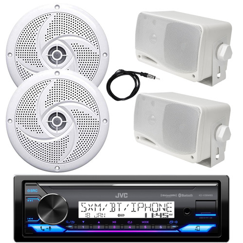 JVC KD-X38MBS Single DIN USB Bluetooth Marine AM/FM Stereo Receiver, 2x 5.25" 180 Watt 2-Way Low Profile Boat Audio Speakers, 2x 3.5'' 200 Watt 3-Way Weatherproof Box Speakers (White), 22" Antenna