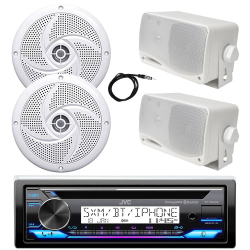 JVC KD-T92MBS Single DIN Bluetooth Marine AM/FM CD Stereo Receiver, 2x 4" 100 Watt Low Profile 2-Way Waterproof Boat Speakers, 2x 3.5'' 200 Watt 3-Way Weatherproof Box Speakers (White), 22" Antenna