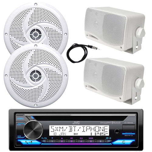 JVC KD-T92MBS Single DIN Bluetooth Marine AM/FM CD Stereo Receiver, 2x 5.25" 180 Watt 2-Way Low Profile Boat Audio Speakers, 2x 3.5'' 200 Watt 3-Way Weatherproof Box Speakers (White), 22" Antenna