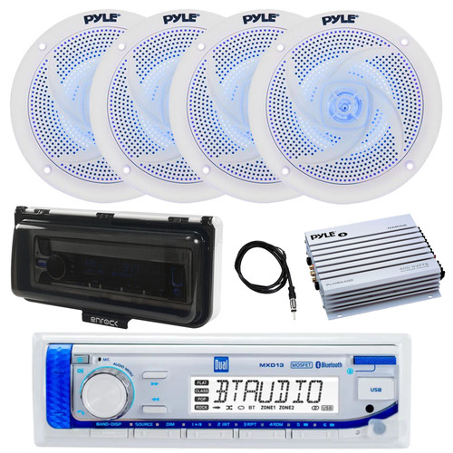 Dual Electronics MXD13 Marine MP3/AUX/USB Bluetooth AM/FM Radio Receiver, 4-Channel Amplifier, 4x 8" 320 Watt Max Low Profile Waterproof Blue Flashing LED Speakers, Stereo Cover (White), 22" Antenna