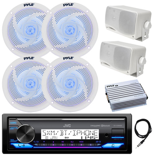 JVC KD-X38MBS Single DIN USB Bluetooth Marine AM/FM Stereo Receiver, 4-Channel Amplifier, 4x 6.5" 240 Watt Low Profile Blue Flashing LED Speakers, 2x 3.5'' 200 Watt 3-Way Speakers (White), 22" Antenna