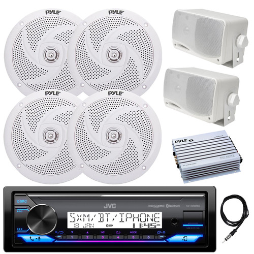 JVC KD-X38MBS Single DIN USB Bluetooth Marine AM/FM Stereo Receiver, 4-Channel Amplifier, 4x 6.5" 240 Watt Low Profile Boat Speakers, 2x 3.5'' 200 Watt 3-Way Box Speakers (White), 22" Antenna