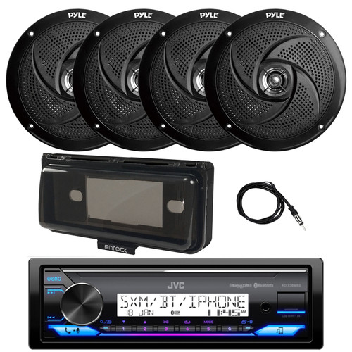 JVC KD-X38MBS Single DIN USB Bluetooth Marine AM/FM Stereo Digital Media Receiver, 4x 8" 320 Watt Max Power Low Profile 2-Way Waterproof Outdoor Audio Speakers, Stereo Cover (Black), 22" Antenna