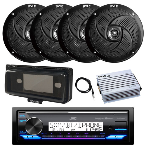 JVC KD-X38MBS Single DIN USB Bluetooth Marine AM/FM Stereo Receiver, 4-Channel Amplifier, 4x 8" 320 Watt Max Low Profile 2-Way Waterproof Outdoor Audio Speakers, Stereo Cover (Black), 22" Antenna