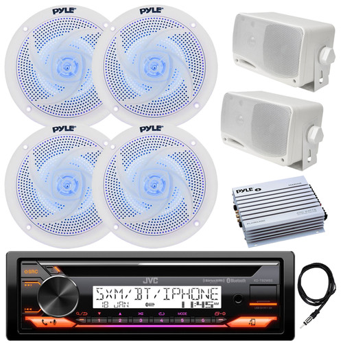 JVC KD-T92MBS Single DIN Bluetooth Marine AM/FM CD Stereo Receiver, 4-Channel Amplifier, 4x 6.5" 240 Watt Low Profile Blue Flashing LED Speakers, 2x 3.5'' 200 Watt 3-Way Speakers (White), 22" Antenna