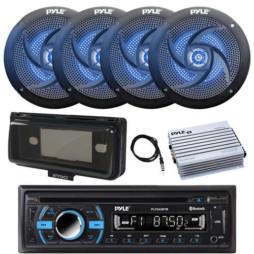Pyle PLCD43BTM Single Din Marine USB Bluetooth AM/FM CD Stereo Receiver, 4-Channel Amplifier, 4x 6.5" 240 Watt Max Low Profile Waterproof Blue Flashing LED Speakers, Stereo Cover (Black), 22" Antenna