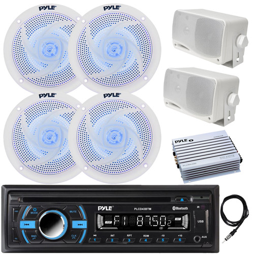 Pyle PLCD43BTM Single Din Marine Bluetooth AM/FM CD Stereo Receiver, 4-Channel Amplifier, 4x 6.5" 240 Watt Low Profile Blue Flash LED Speakers, 2x 3.5'' 200 Watt 3-Way Box Speakers (White), Antenna
