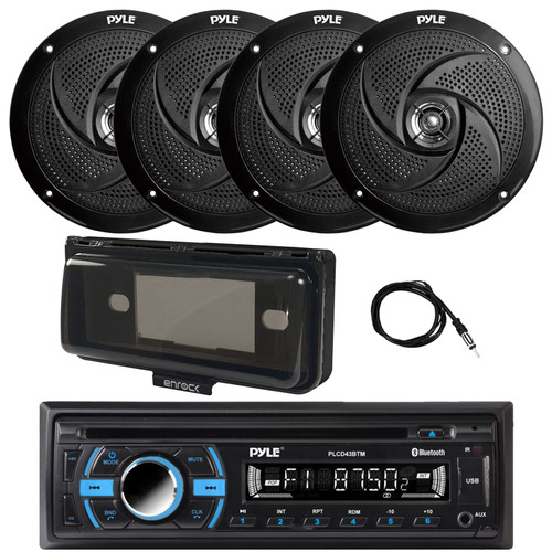 Pyle PLCD43BTM Single Din Marine MP3/USB/AUX Bluetooth AM/FM CD Stereo Receiver, 4x 8" 320 Watt Max Power Low Profile 2-Way Waterproof Outdoor Audio Speakers, Stereo Cover (Black), 22" Antenna