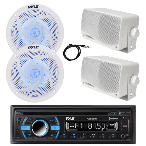 Pyle PLCD43BTM Single Din Marine Bluetooth AM/FM CD Stereo Receiver, 2x 4" 100 Watt Low Profile 2-Way Blue Flashing LED Speakers, 2x 3.5'' 200 Watt 3-Way Weatherproof Box Speakers (White), 22"Antenna