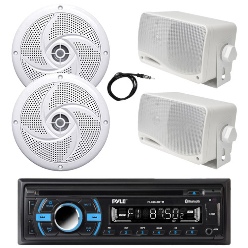 Pyle PLCD43BTM Single Din Marine Bluetooth AM/FM CD Stereo Receiver, 2x 4" 100 Watt Low Profile 2-Way Waterproof Boat Speakers, 2x 3.5'' 200 Watt 3-Way Weatherproof Box Speakers (White), 22" Antenna