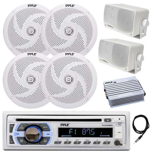 Pyle PLCD43MRB Single Din Marine USB Bluetooth AM/FM CD Stereo Receiver, 4-Channel Amplifier, 4x 6.5" 240 Watt Low Profile Boat Speakers, 2x 3.5'' 200 Watt 3-Way Box Speakers (White), 22" Antenna