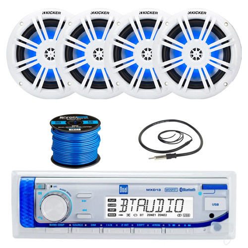 Dual MXD13 Single DIN Marine Mechless Digital Media Bluetooth MP3 AUX USB AM/FM Radio Boat Stereo Receiver with 4x 6.5" 150 Watt Max Blue Flashing LED Boat Audio White Speakers, Speaker Wire + Antenna