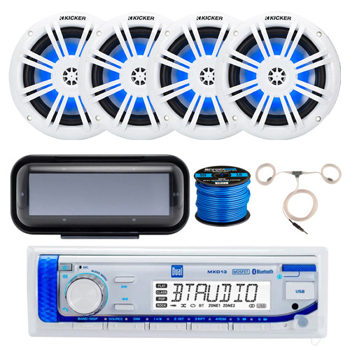 Dual MXD13 1-DIN Marine Mechless Digital Media Bluetooth MP3 AUX AM/FM Radio Boat Stereo Receiver with 4x 6.5" 150 Watt Max Blue Flashing LED Boat Audio White Speakers, Radio Cover, Wire + Antenna