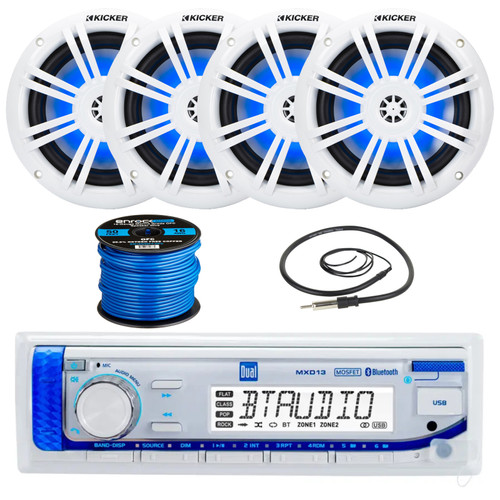 Dual Electronics MXD13 Marine Mechless Digital Media Bluetooth MP3 AUX AM/FM Radio Boat Stereo Receiver with 4x Kicker 6.5" 150W Max Marine Audio Speakers w/ Blue LED Lights, Speaker Wire + Antenna