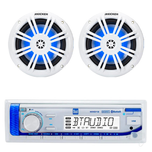 Dual Electronics MXD13 Single DIN Marine Mechless Digital Media Bluetooth MP3 AUX USB AM/FM Radio Boat Stereo Receiver w/ 2x 6.5" 150 Watt Max Blue Flashing LED Boat Audio White Speakers