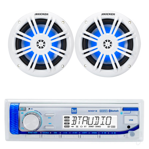 Dual MXD13 Single DIN Marine Mechless Digital Media Bluetooth MP3 AUX USB AM/FM Radio Boat Stereo Receiver, 2x Kicker 49KM604WL 6.5" 150 Watt Peak Power Marine Audio Speakers with Blue LED Lighting