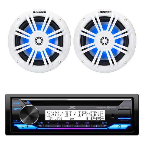 JVC KD-T92MBS Single DIN Marine MotorSports Bluetooth USB AUX AM/FM Stereo CD Player Receiver, 2x 6.5" 150 Watt Max Blue Flashing LED Boat Audio White Speakers