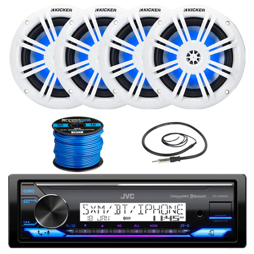 JVC KD-X38MBS Single DIN Marine MotorSports Bluetooth USB AUX LED Illumination AM/FM Radio Stereo Receiver with 4x 6.5" 150 Watt Max Blue Flashing LED Boat Audio White Speakers w/Wire, 22"Antenna