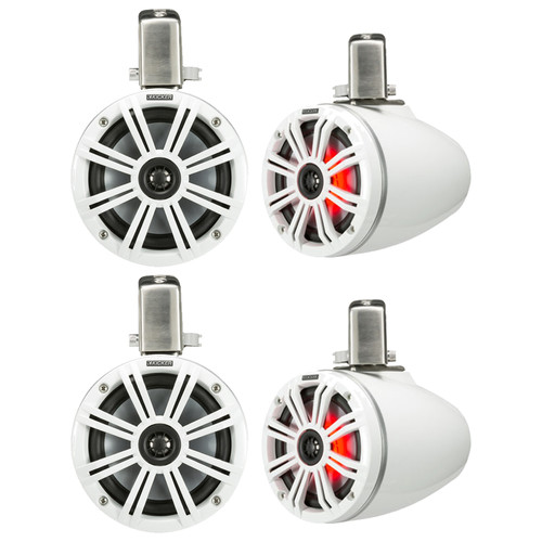 Kicker 6.5" 195 Watt Peak Power Marine RGB Multicolor LED Coaxial White Tower Speakers (Qty 4)