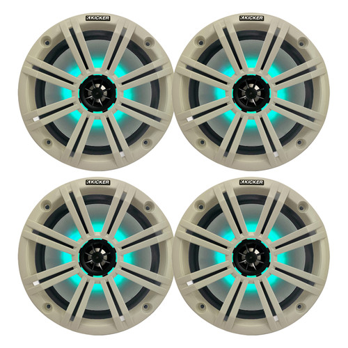 Kicker 8" 300 Watt Max Power 2-Way Marine OEM Replacement RGB MultiColor LED Coaxial Boat Audio Speakers (Qty 4) with White Grilles