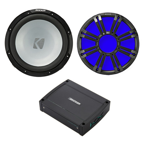 Kicker 12" 350 Watt Peak Power 4-Ohm SVC Freeair Marine Audio Subwoofer with Charcoal RBG Multicolor LED Grilles, 2-Channel 400 Watt Full-Range Class D Waterproof Amplifier