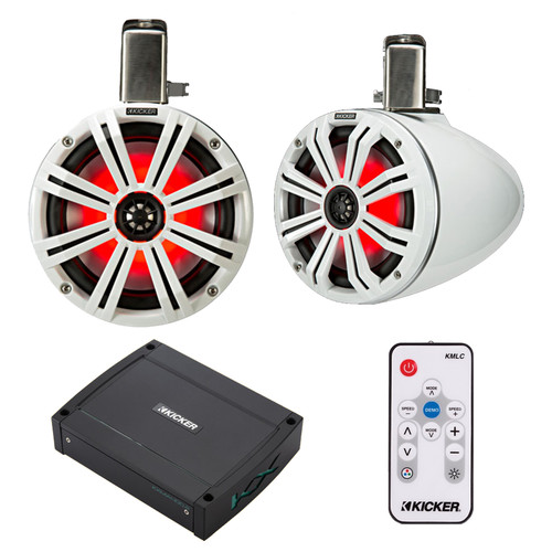 Kicker 8" 300 Watt Peak Power Marine RGB Multicolor LED White Tower Speakers (Pair) with 2-Channel 400 Watt Full-Range Class D Waterproof Amplifier, Remote Control