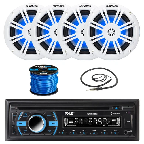 Pyle PLCD43BTM 1-DIN Bluetooth MP3 USB AUX AM/FM Radio Stereo Receiver + Remote Control with 4x Kicker 6.5" 6.5" 150 Watt Max Blue Flashing LED Boat Audio White Speakers, Speaker Wire + Antenna