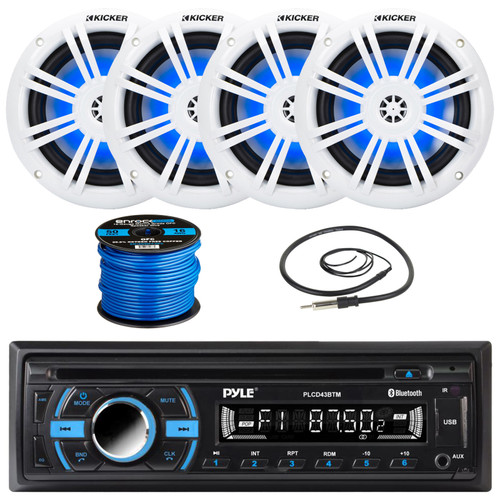 Pyle PLCD43BTM 1-DIN Bluetooth MP3 USB AUX AM/FM Radio Stereo Receiver with 4x Kicker 49KM604WL 6.5" 150 Watt Max Power Marine Audio Speakers w/ Blue LED Lighting, Marine Grade Speaker Wire + Antenna