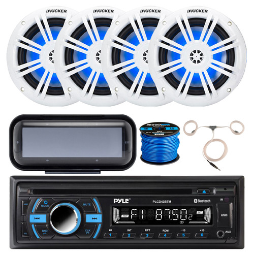 Pyle PLCD43BTM Single DIN Bluetooth MP3 USB AUX AM/FM Radio Stereo Receiver + Remote Control with 4x 6.5" 150 Watt Max Blue Flashing LED Boat Audio White Speakers, Radio Cover, Speaker Wire + Antenna