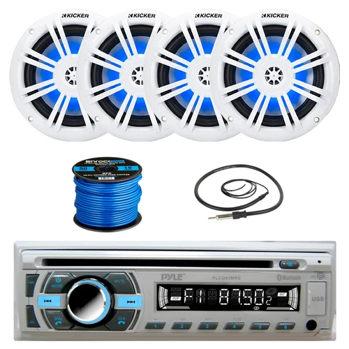 Pyle PLCD43MRB 1-DIN Bluetooth MP3 USB AUX AM/FM Radio Stereo Receiver + Remote Control with 4x 6.5" 150 Watt Max Blue Flashing LED Boat Audio White Speakers, Speaker Wire + Antenna