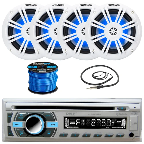 Pyle PLCD43MRB 1-DIN Bluetooth MP3 USB AUX AM/FM Radio Stereo Receiver with 4x Kicker 49KM604WL 6.5" 150 Watt Max Power Marine Audio Speakers w/ Blue LED Lighting, Marine Grade Speaker Wire + Antenna