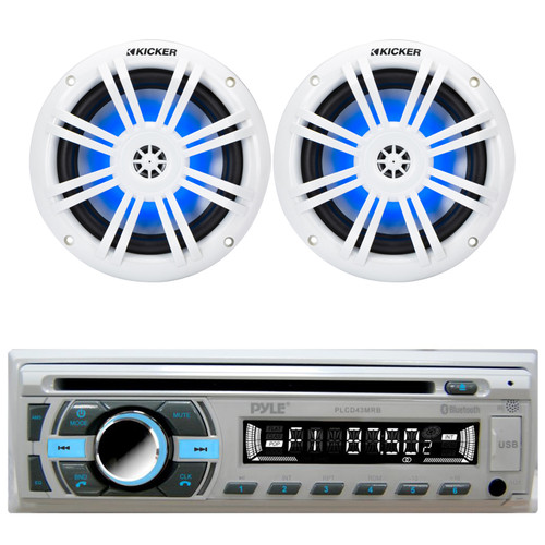 Pyle PLCD43MRB Single DIN Bluetooth MP3 USB AUX AM/FM Radio Stereo Receiver + Remote Control with 2x Kicker 49KM604WL 6.5" 150 Watt Peak Power Marine Audio Speakers with Blue LED Lighting