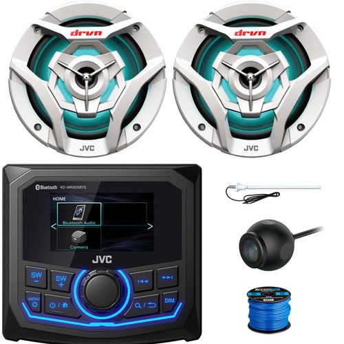 JVC KD-MR305BTS 2.7" LCD Marine Digital Media Bluetooth USB/AUX AM/FM/Weatherband Receiver, 2x 6.5" 260 Watts Peak Power 2-Way RGB LED Boat White Speakers W/Wire, Radio Antenna, Rear View Camera