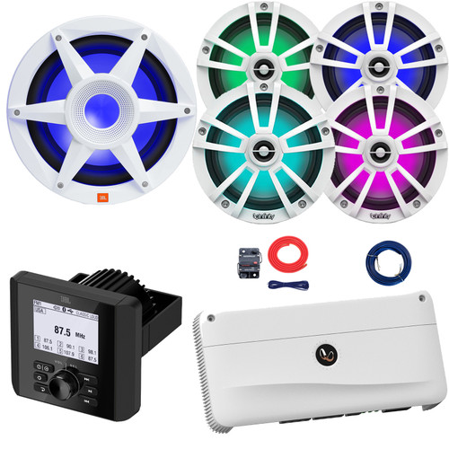 JBL JAM3000 Marine Bluetooth USB AM/FM Radio Gauge Hole Mount Receiver, 4x 6.5" 225W Max Power White Boat RGB LED Speakers, 10" 900W Max Subwoofer, 5-Channel Class AB+D Amplifier W/Kit, Speaker Wire