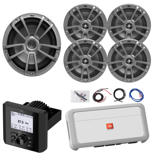 JBL JAM3000 Marine Gauge Hole Mount Bluetooth AM/FM Multi-Element Digital Media Receiver, 4x 6.5" 180W Max Power 2-Way Multi-Element Gray Boat Speakers, 10" Subwoofer, 5-Channel Amplifier W/Amp Kit